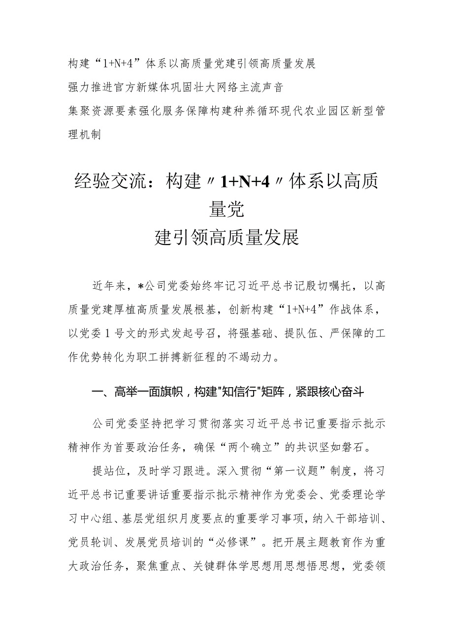 （3篇）经验交流：构建“1+N+4”体系 以高质量党建引领高质量发展 强力推进官方新媒体 巩固壮大网络主流声音 集聚资源要素 强化服务保障 构.docx_第1页