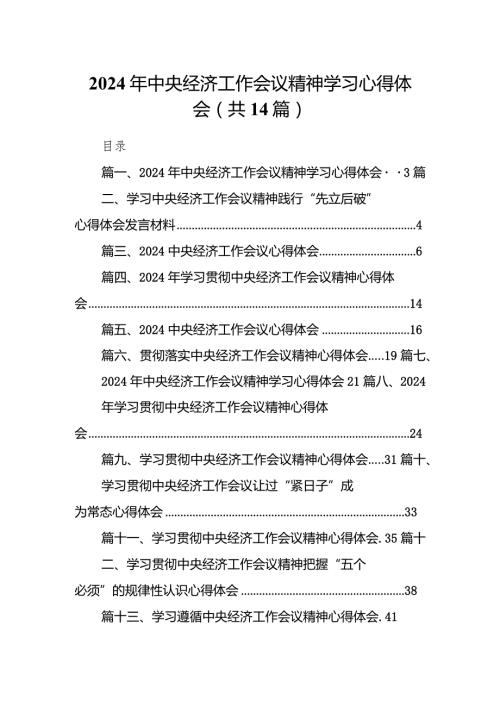 2024年中央经济工作会议精神学习心得体会14篇(最新精选).docx
