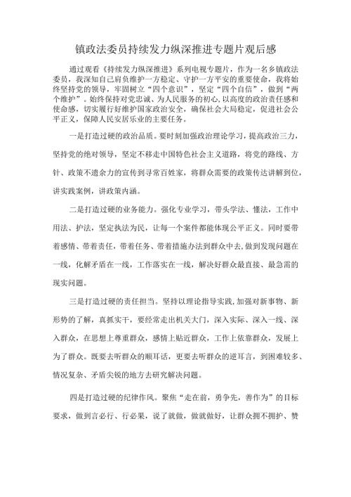 镇政法委员持续发力纵深推进专题片观后感.docx