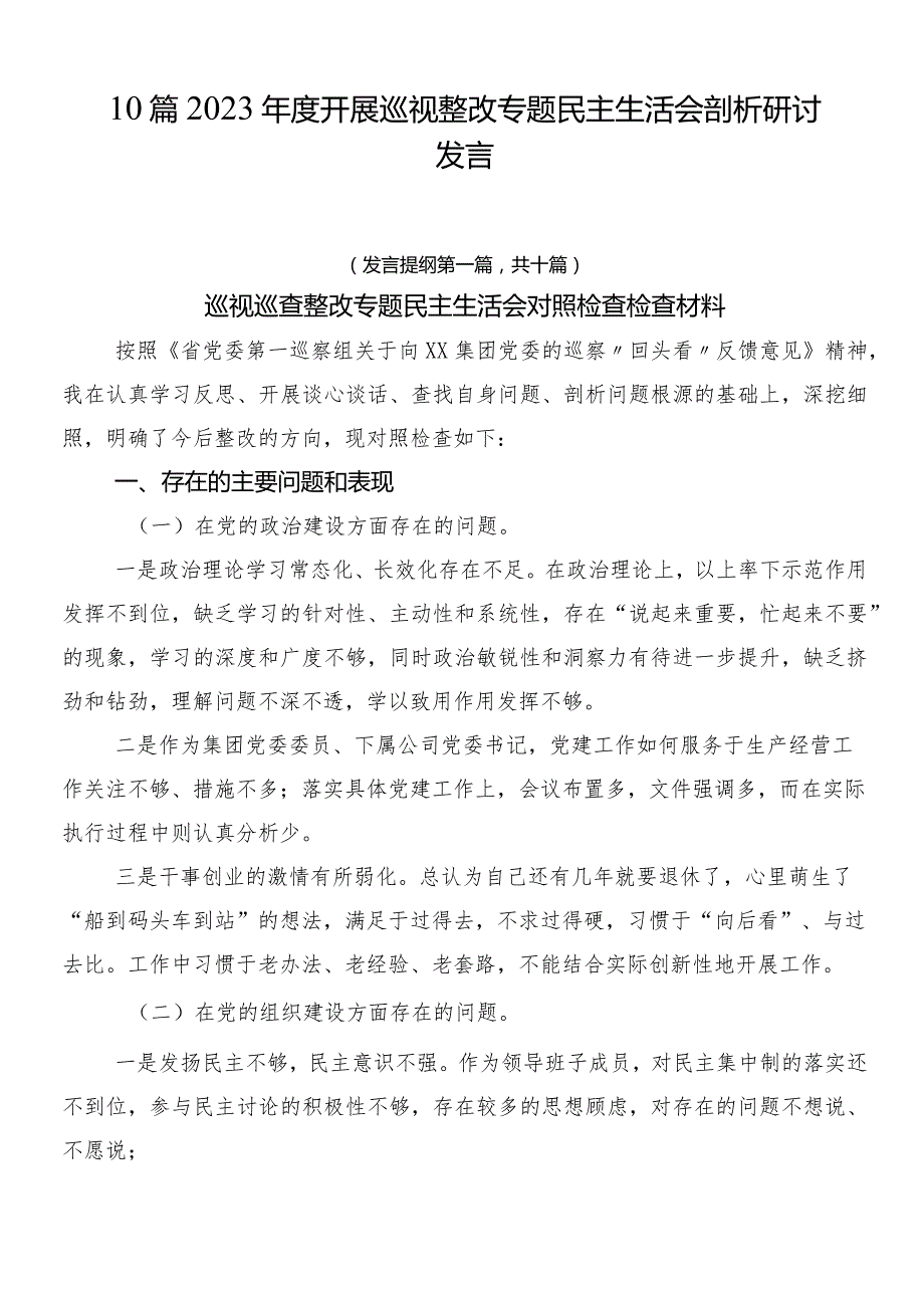 10篇2023开展巡视整改专题民主生活会剖析研讨发言.docx_第1页