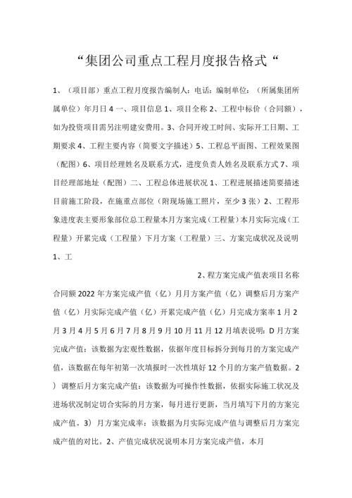 集团公司重点工程月度报告格式.docx