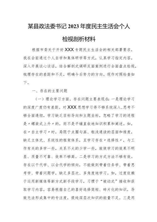 某县政法委书记2023民主生活会个人检视剖析材料.docx