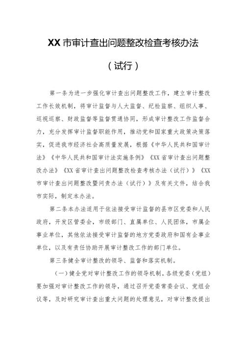XX市审计查出问题整改检查考核办法.docx