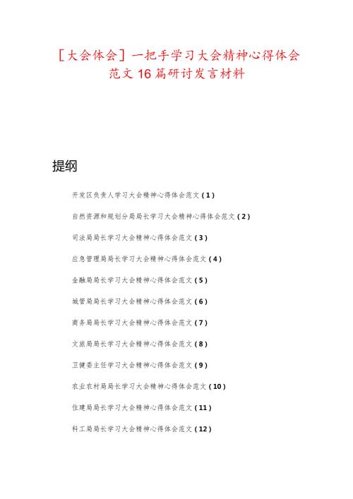 【大会体会】一把手学习大会精神心得体会范文16篇研讨发言材料.docx