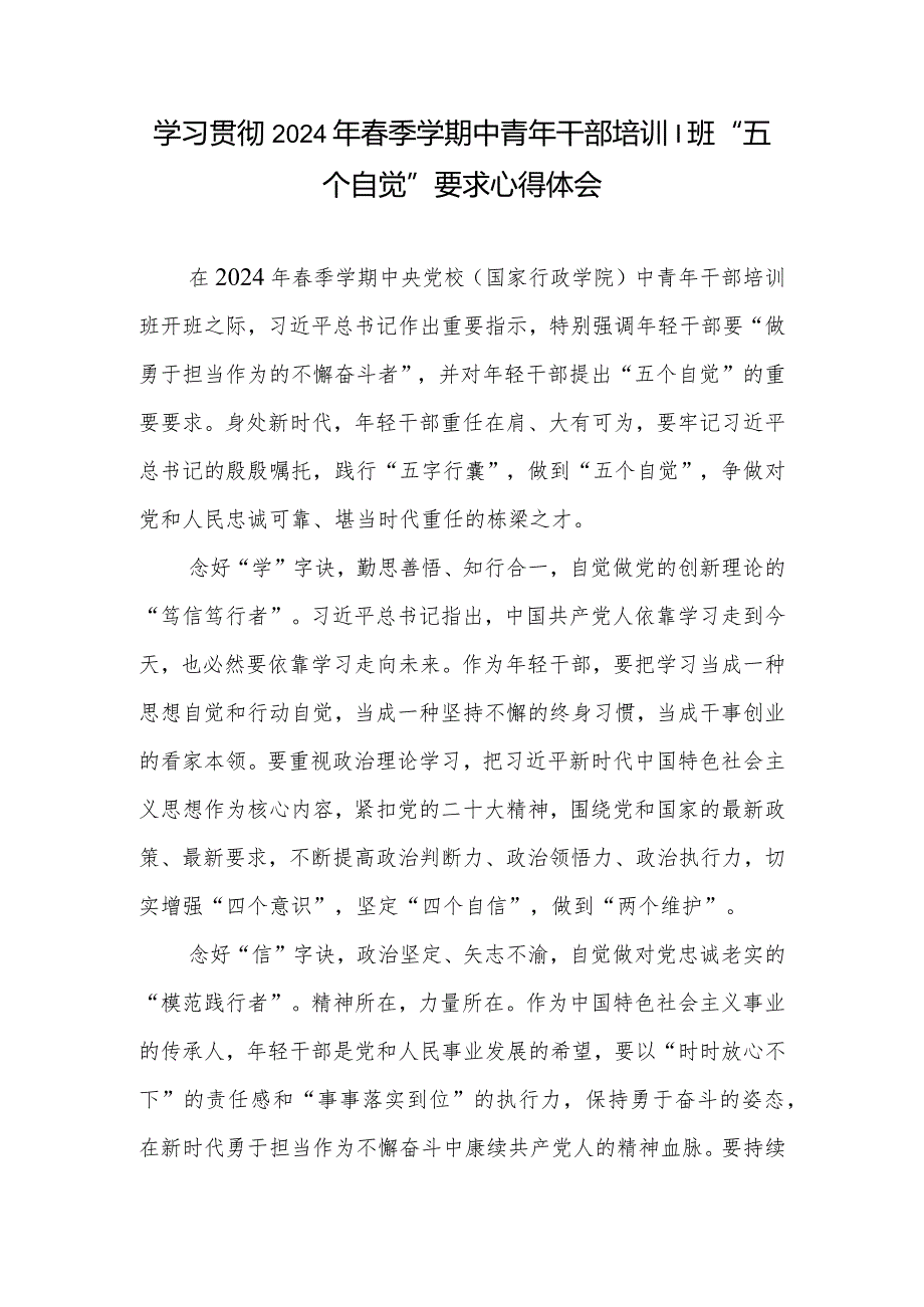 学习贯彻2024年季学期中青年干部培训班“五个自觉”要求心得体会6篇.docx_第2页