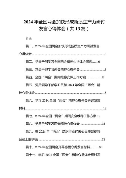 2024年全国两会加快形成新质生产力研讨发言心得体会（共13篇）.docx