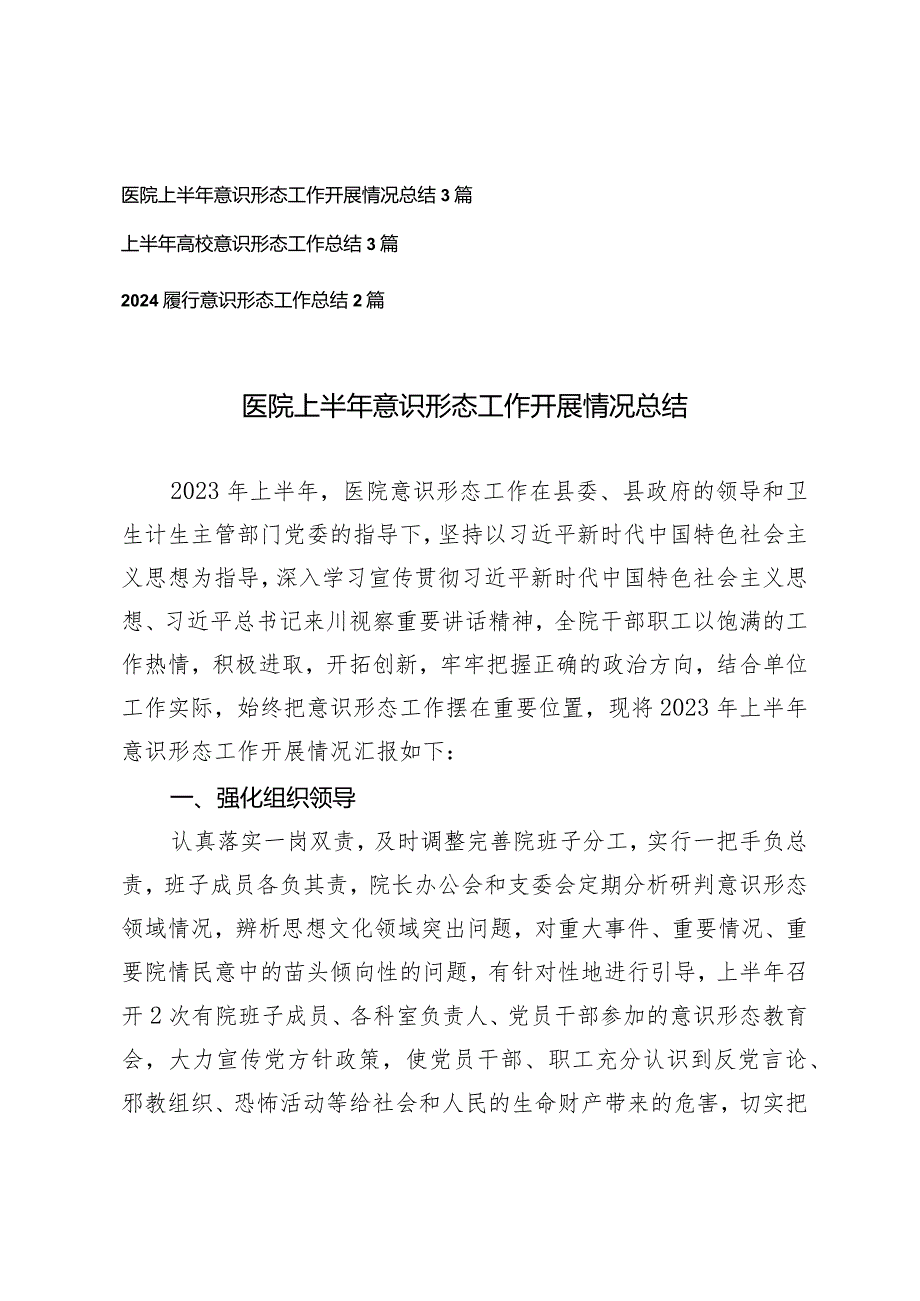 （8篇）医院高校上半年意识形态工作开展情况总结2024履行意识形态工作总结.docx_第1页