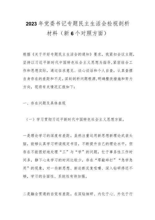 2023年党委书记专题民主生活会检视剖析材料（新6个对照方面）.docx