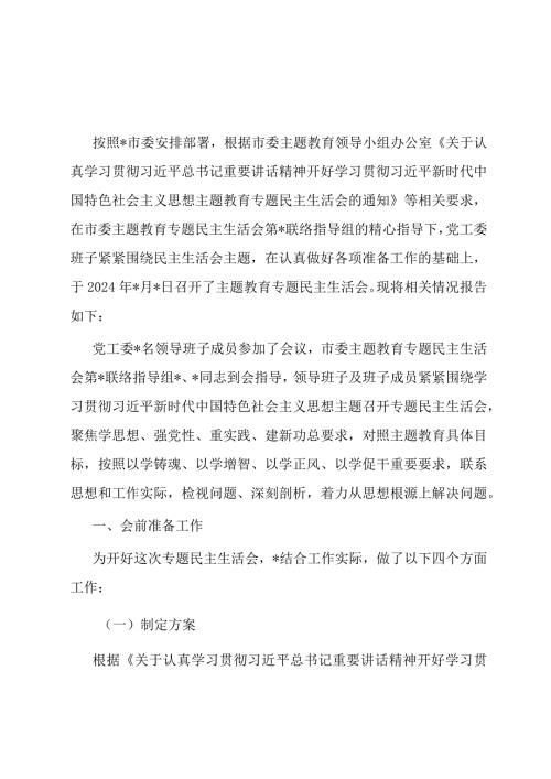 某党工委主题教育专题民主生活会开展情况报告.docx