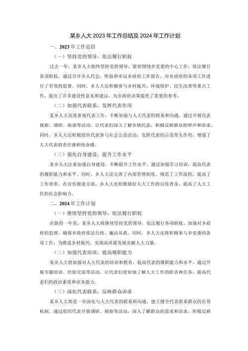 某乡人大2023年工作总结及2024年工作计划.docx