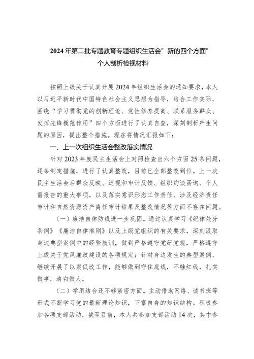 2024年第二批专题教育专题组织生活会“新的四个方面”个人剖析检视材料范文10篇（详细版）.docx