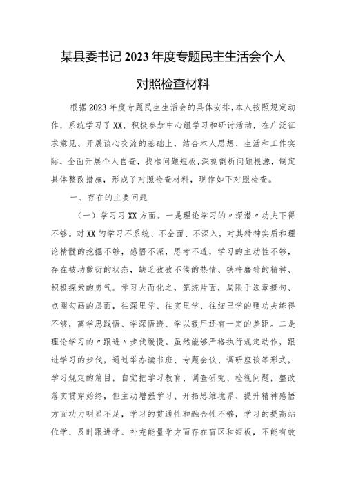 某县委书记2023专题民主生活会个人对照检查材料.docx