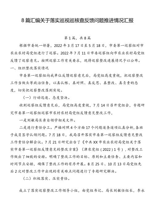 8篇汇编关于落实巡视巡核查反馈问题推进情况汇报.docx
