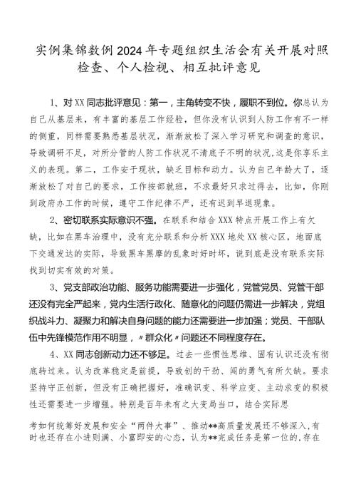 实例集锦数例2024年专题组织生活会有关开展对照检查、个人检视、相互批评意见.docx