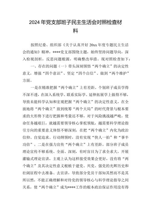 2024年党支部班子民主生活会对照检查材料.docx