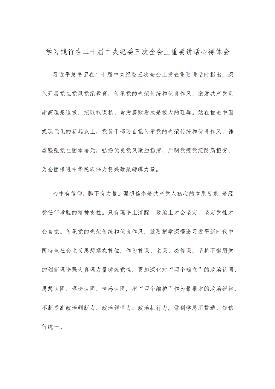 学习饯行在二十中央纪委三次全会上重要讲话心得体会.docx_第1页