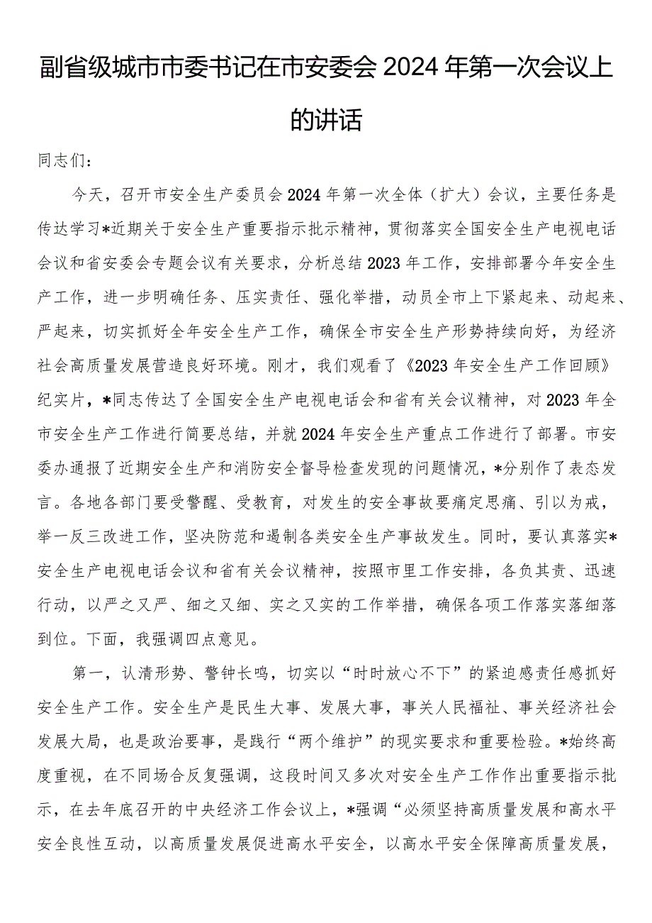 副省级城市市委书记在市安委会2024年第一次会议上的讲话(1).docx_第1页