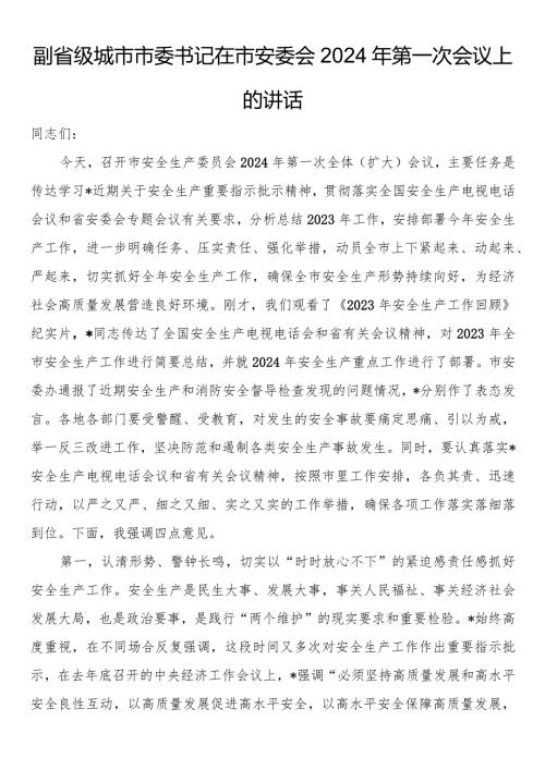 副省级城市市委书记在市安委会2024年第一次会议上的讲话(1).docx