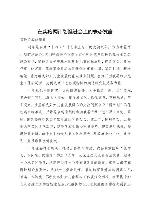 两规划推进会上的表态发言.docx