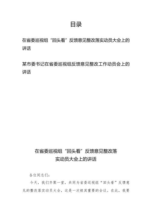 在省委巡视组“回头看”反馈意见整改落实动员大会上的讲话+某市委书记在省委巡视组反馈意见整改工作动员会上的讲话.docx
