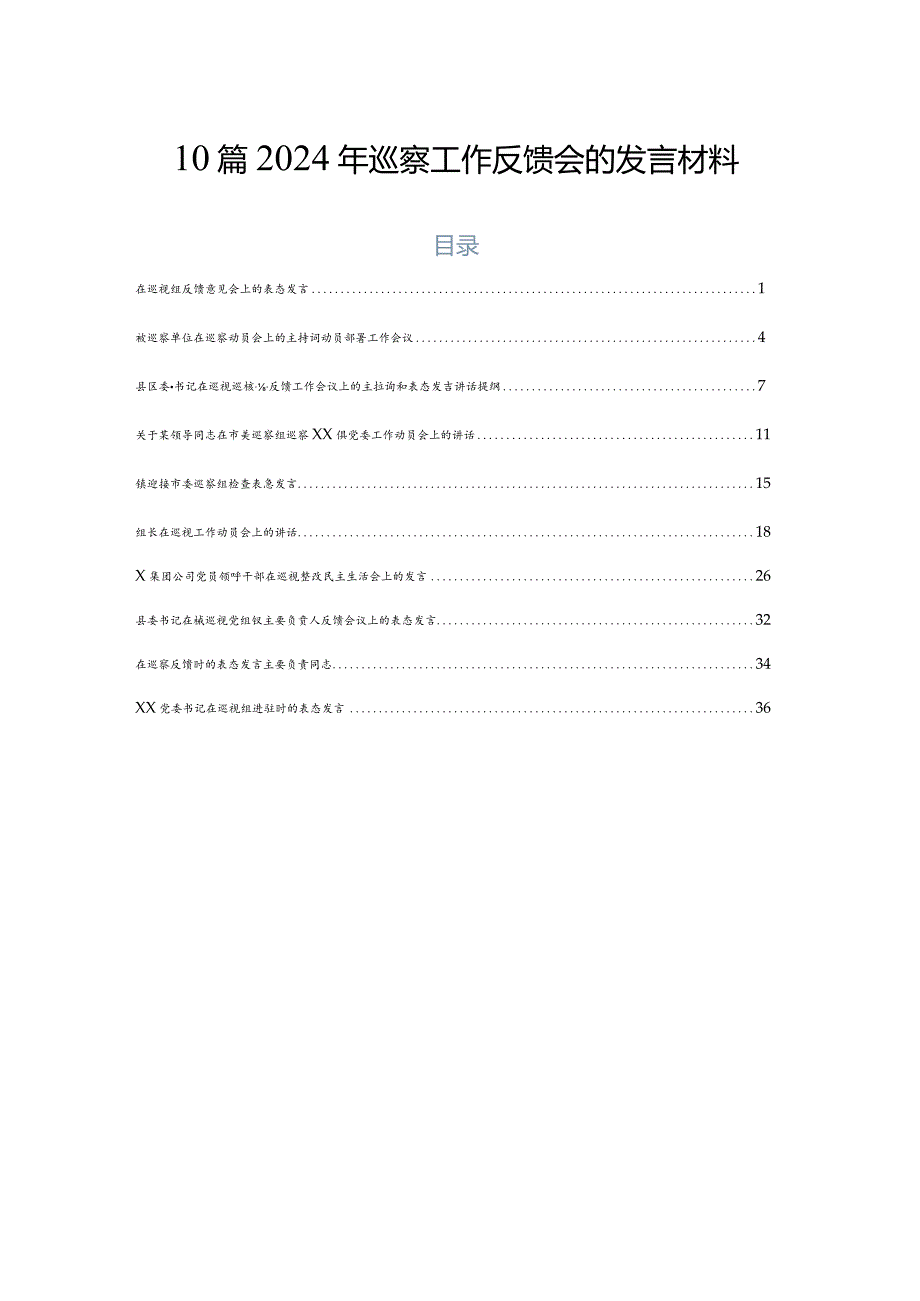10篇2024年巡察工作反馈会的发言材料.docx_第1页