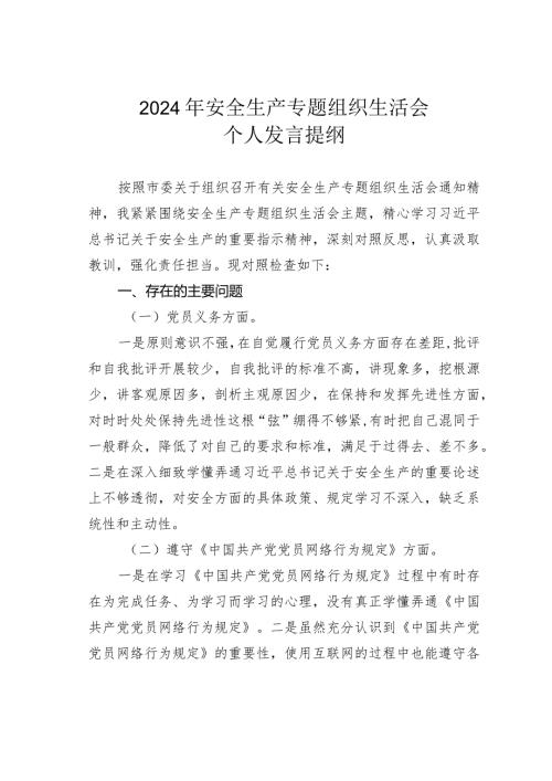 2024年安全生产专题组织生活会个人发言提纲.docx