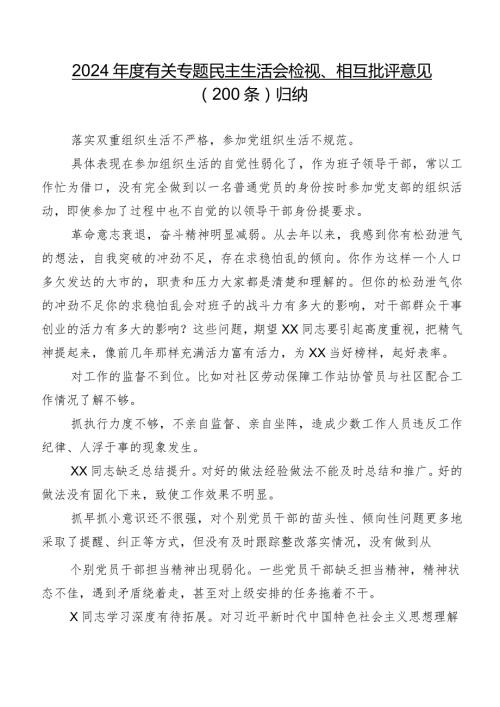 2024有关专题民主生活会检视、相互批评意见（200条）归纳.docx