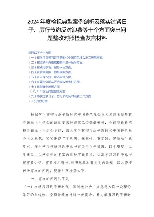 2024检视典型案例剖析及落实过紧日子、厉行节约反对浪费等十个方面突出问题整改对照检查发言材料.docx