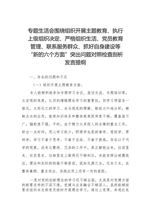 重点围绕“组织开展主题教育、执行上级组织决定、严格组织生活、党员教育管理、联系服务群众、抓好自身定设”等新的六个方面检视问题对照(1).docx