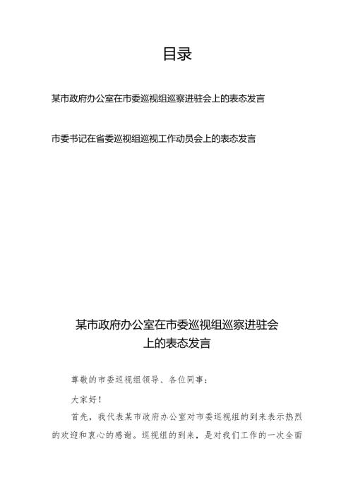 市政府办公室在市委巡视组巡察进驻会上的表态发言+市委书记在省委巡视组巡视工作动员会上的表态发言.docx