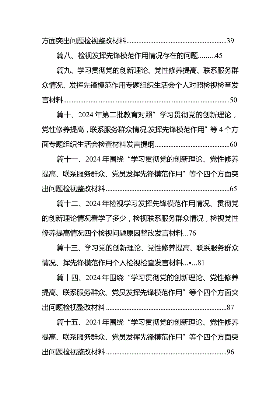 2024对照在“学习贯彻党的创新理论方面、党员发挥先锋模范作用方面”等四个方面存在的突出问题民主生活会个人发言提纲15篇供参考.docx_第2页