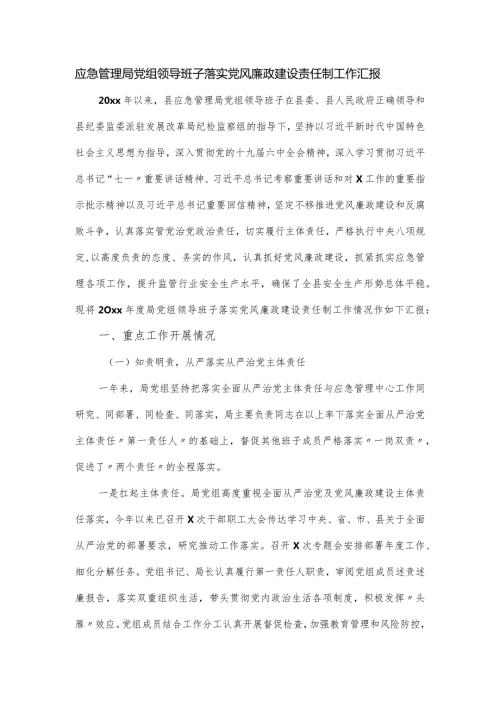 应急管理局党组领导班子落实党风廉政建设责任制工作汇报.docx