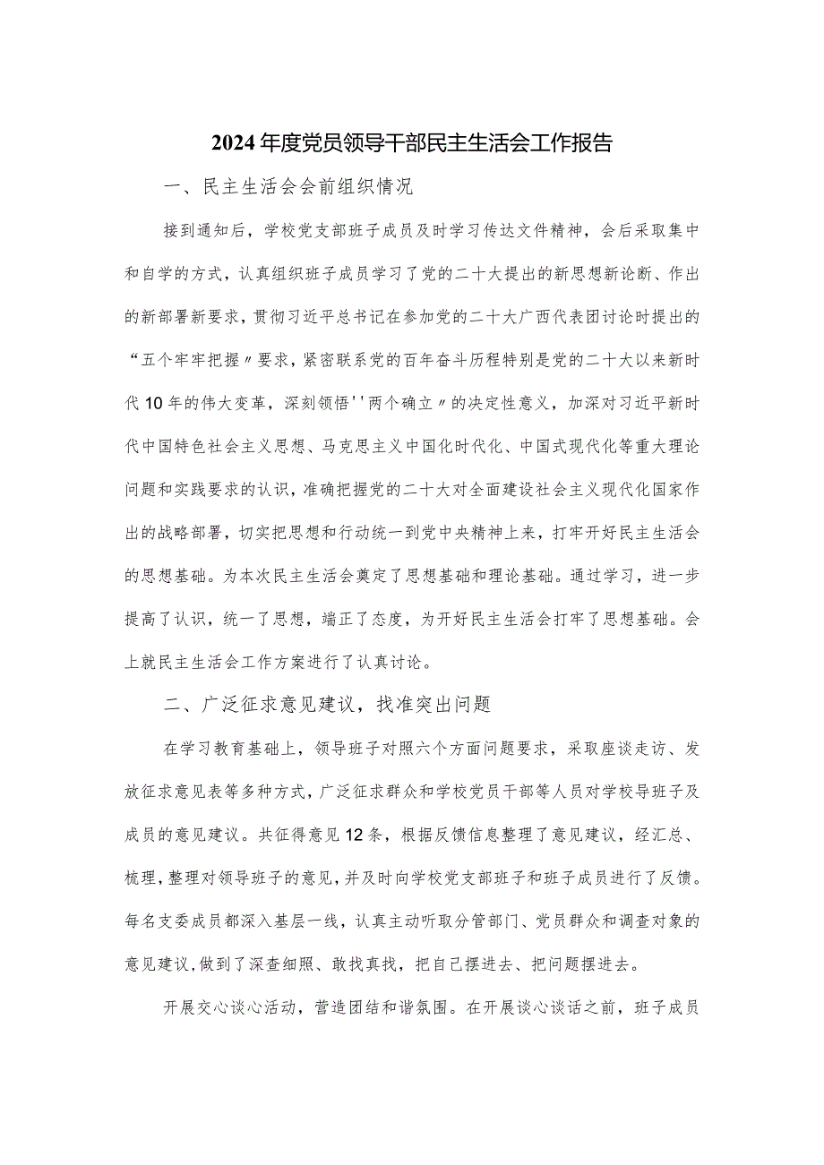 2024党员领导干部民主生活会工作报告.docx_第1页