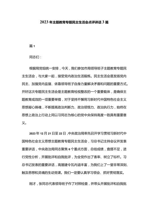2023年主题教育专题民主生活会点评讲话3篇.docx