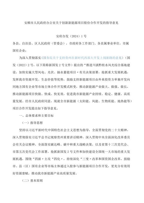 安顺市人民政府办公室关于创新新能源项目股份合作开发的指导意见.docx