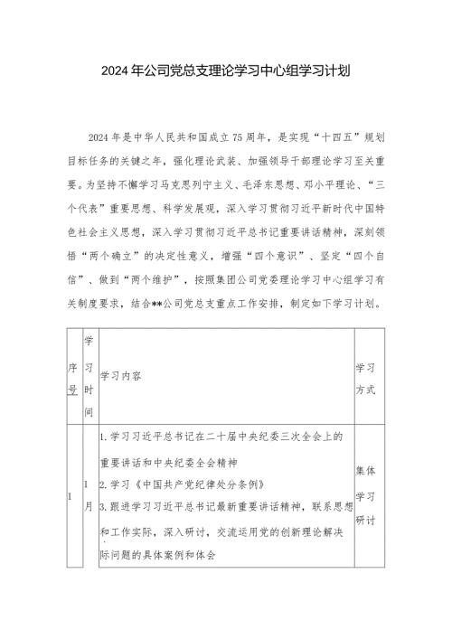 2024年公司党总支理论学习中心组学习计划.docx