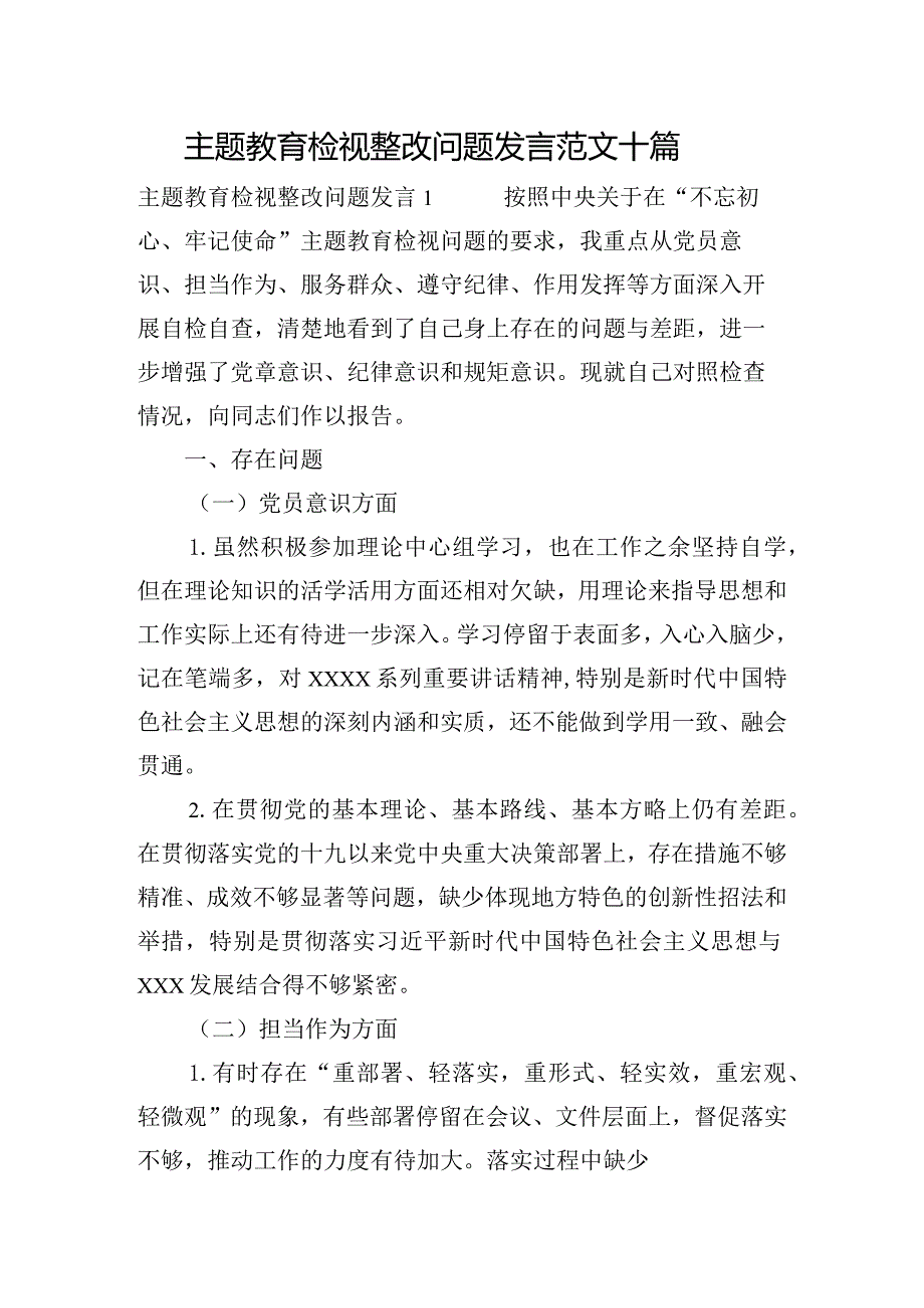 主题教育检视整改问题发言范文十篇.docx_第1页