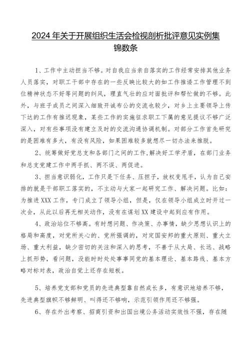 2024年关于开展组织生活会检视剖析批评意见实例集锦数条.docx