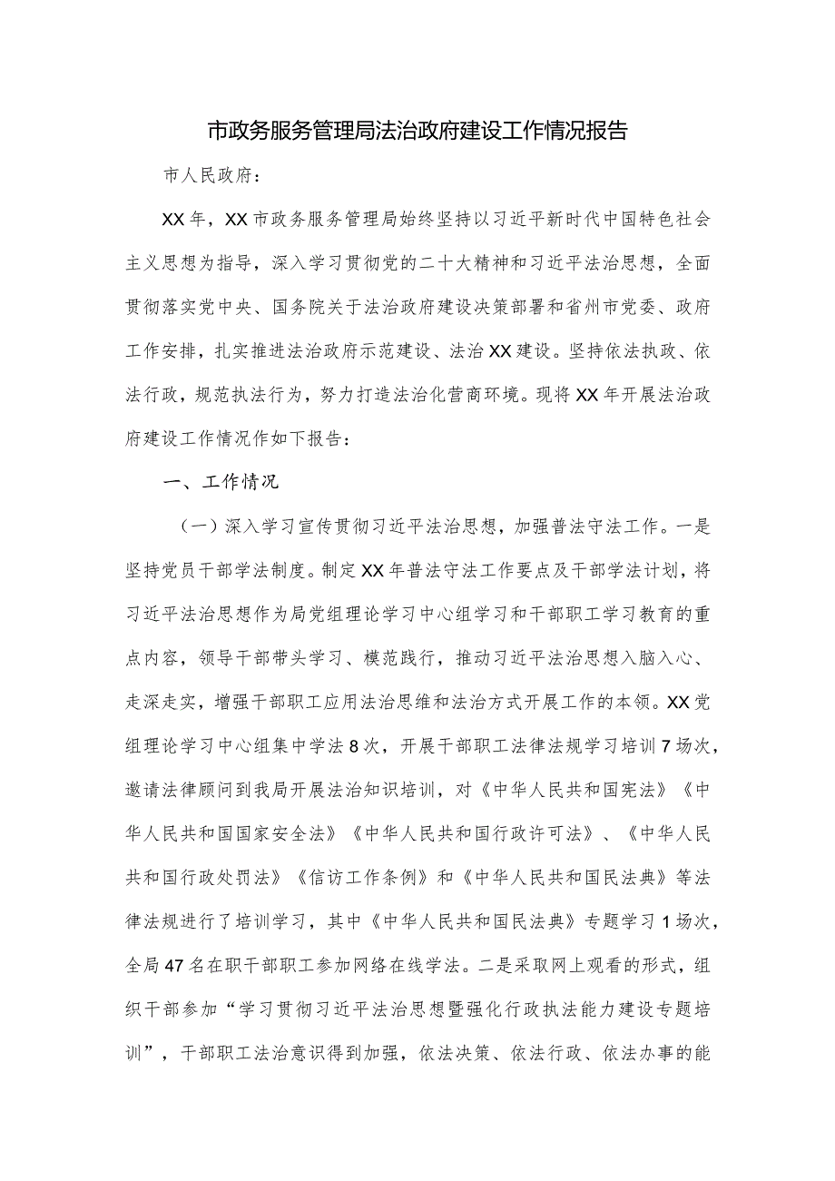 市政务服务管理局法治政府建设工作情况报告.docx_第1页