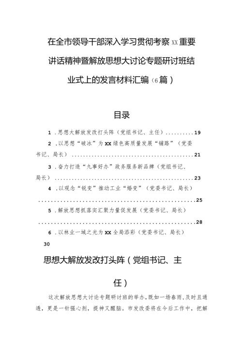 在全市领导干部深入学习贯彻考察xx重要讲话精神暨解放思想大讨论专题研讨班结业式上的发言材料汇编（6篇）.docx