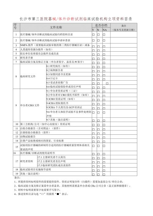 长沙市第三医院器械体外诊断试剂临床试验机构立项资料目录.docx