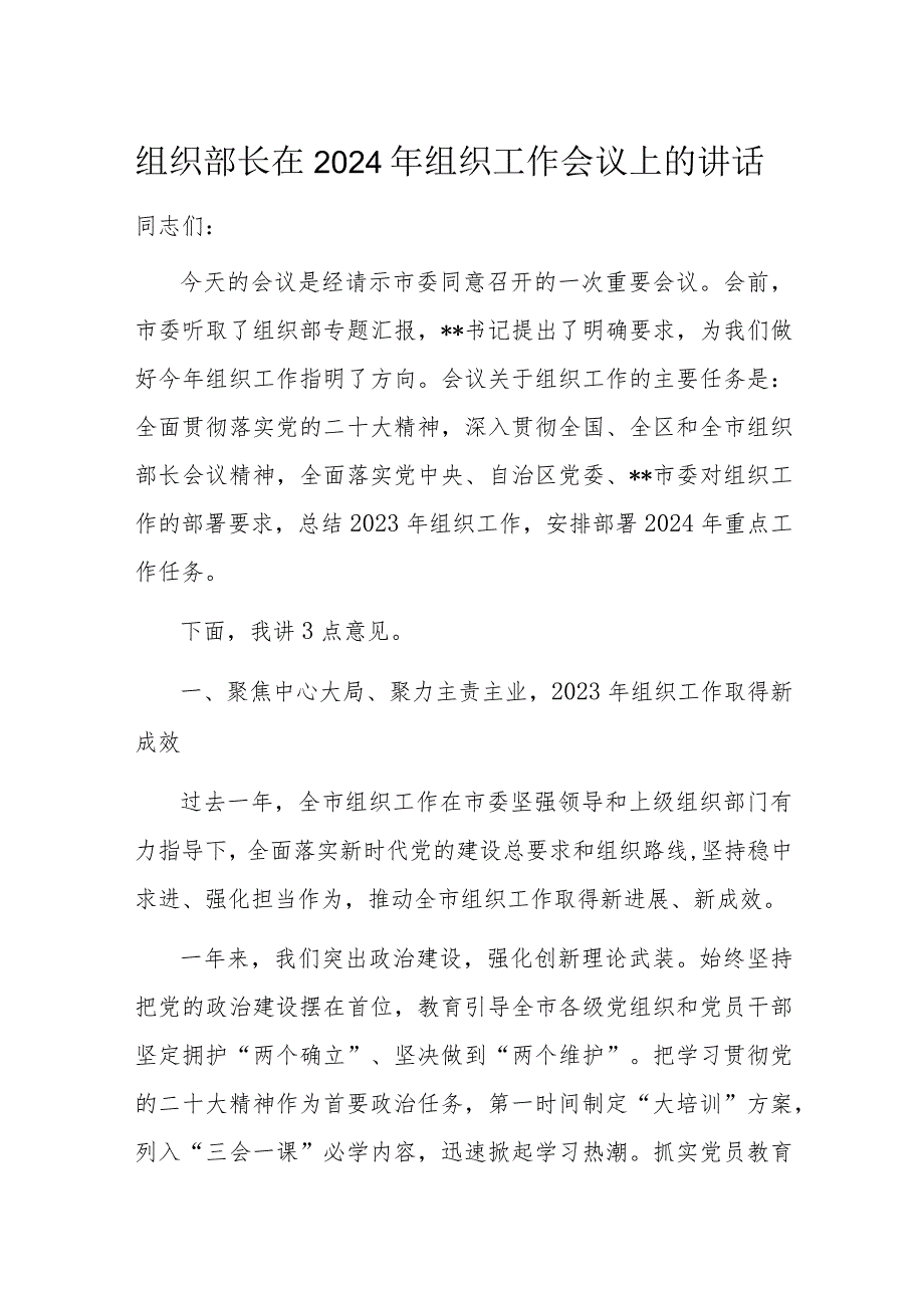 组织部长在2024年组织工作会议上的讲话.docx_第1页