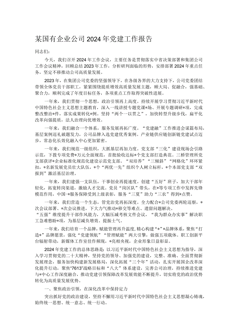 某国有企业公司2024年党建工作报告(1).docx_第1页