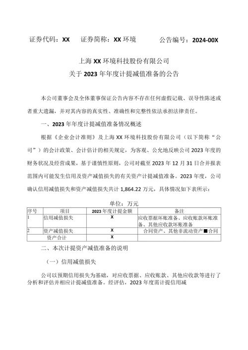 上海XX环境科技股份有限公司关于2023年计提减值准备的公告（2024年）.docx