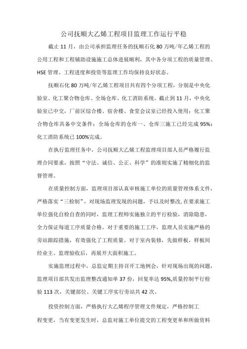 公司抚顺大乙烯工程项目监理工作运行平稳.docx