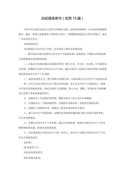 总经理承诺书（优秀15篇）.docx