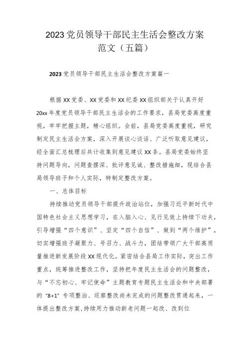 2023党员领导干部民主生活会整改方案范文（五篇）.docx