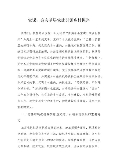 党课：夯实基层党建引领乡村振兴(1).docx