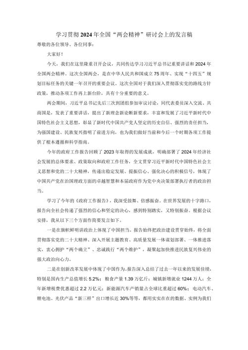 学习贯彻2024年全国“两会精神”研讨会上的发言稿一.docx