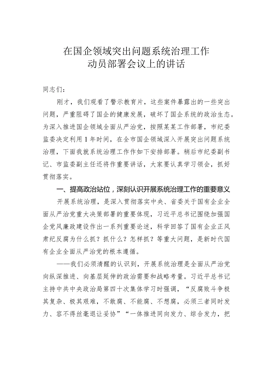 在国企领域突出问题系统治理工作动员部署会议上的讲话(1).docx_第1页